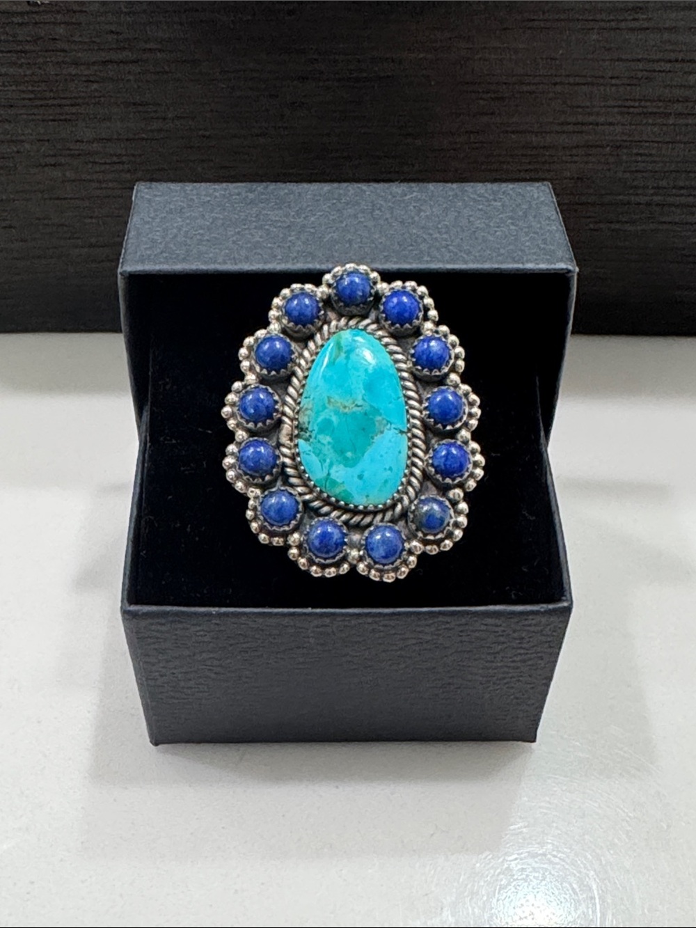 Western Silver Plated Turquoise & Lapis Cluster Statement Ring - Made in India